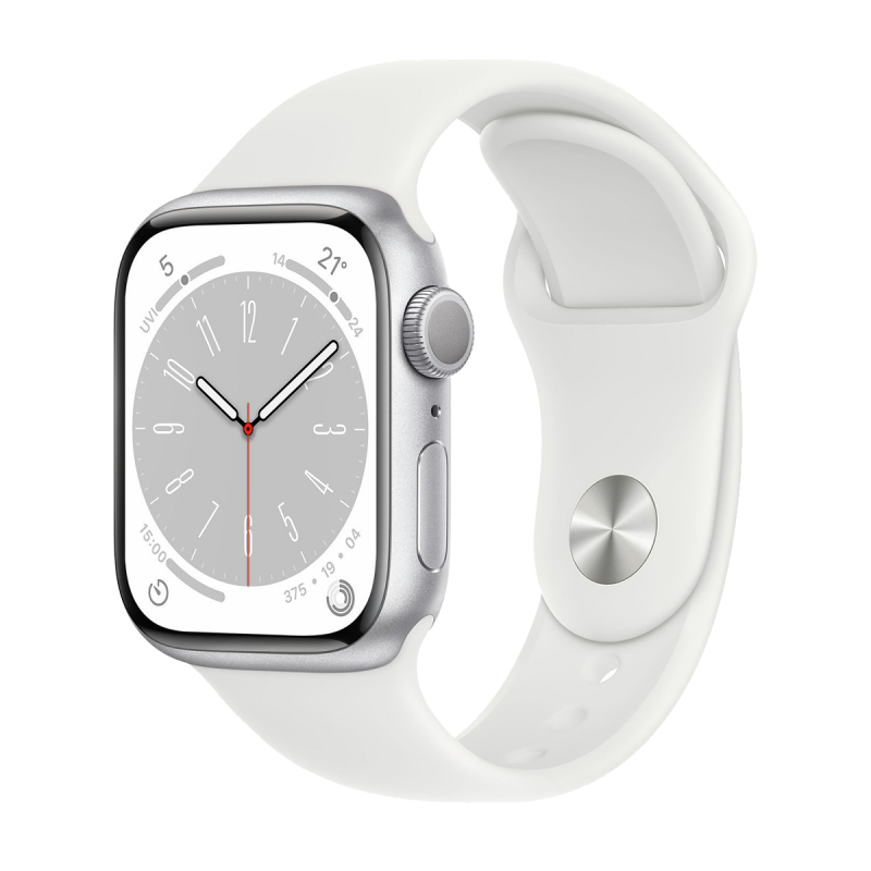Apple Watch Series 8 (GPS, 45mm) - Silver Aluminium Case with M/L White Sport Band