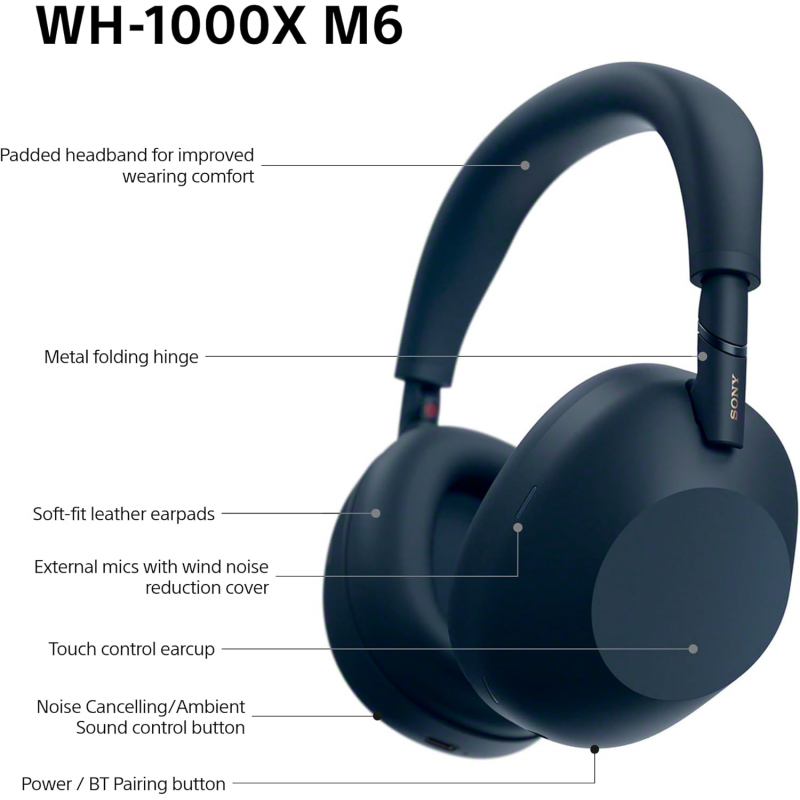 Sony WH-1000XM6 Wireless Noise Cancelling Headphones - Midnight Blue